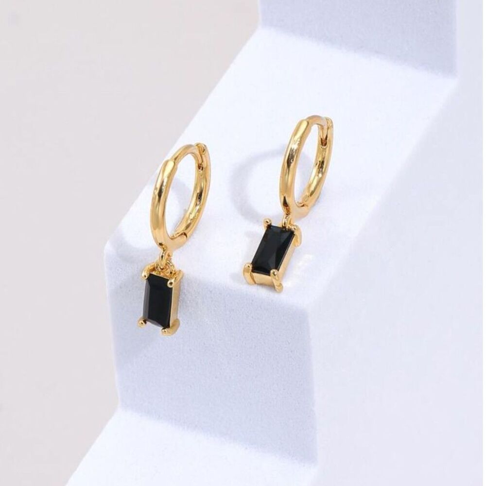 Black Rectangle Zirconia Crystal Drop Hoop Earrings Gold Dangle Gemstone Pendant